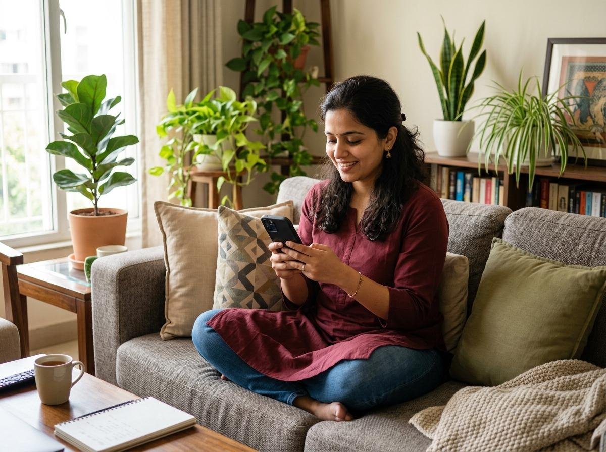Indian woman viewing meal planner on smartphone
