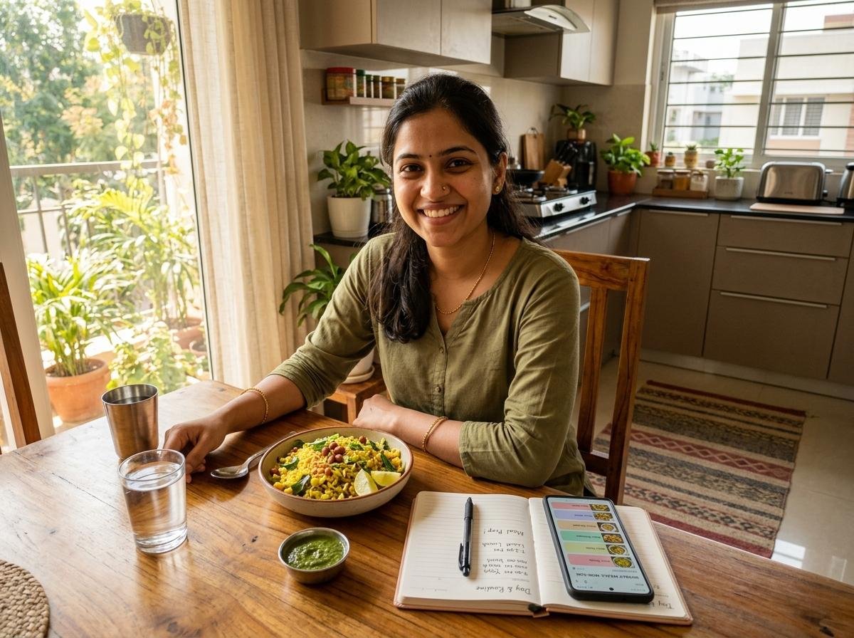 Indian woman with healthy Indian meal and 7-day planner