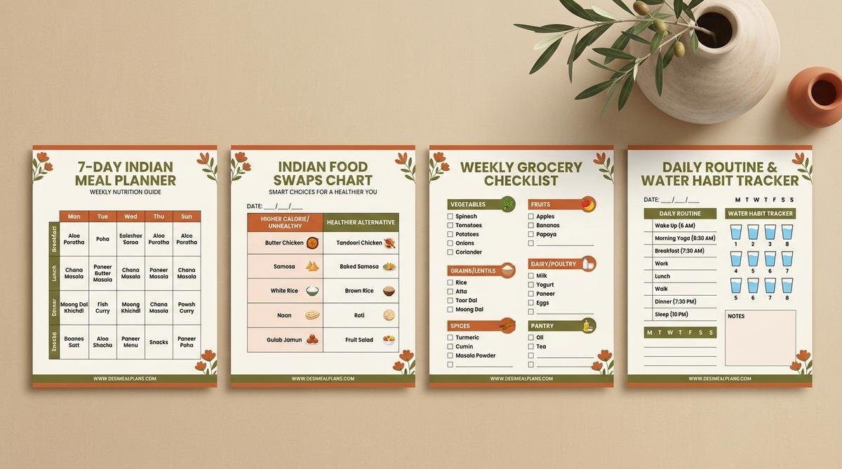 4 Page Previews of 7-Day Planner, Food Swaps, Grocery and Routine Checklist