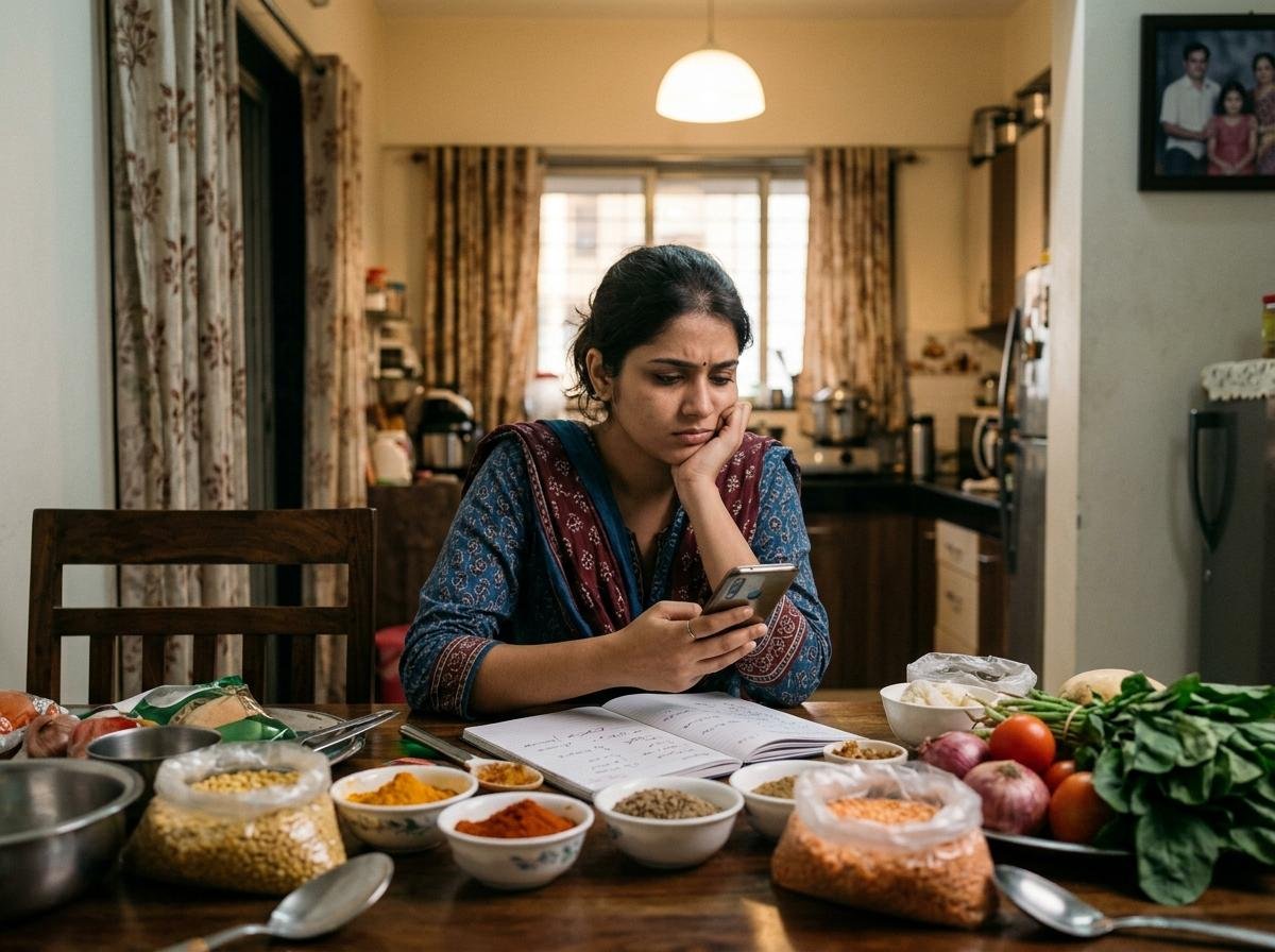 Indian woman feeling overwhelmed by meal options