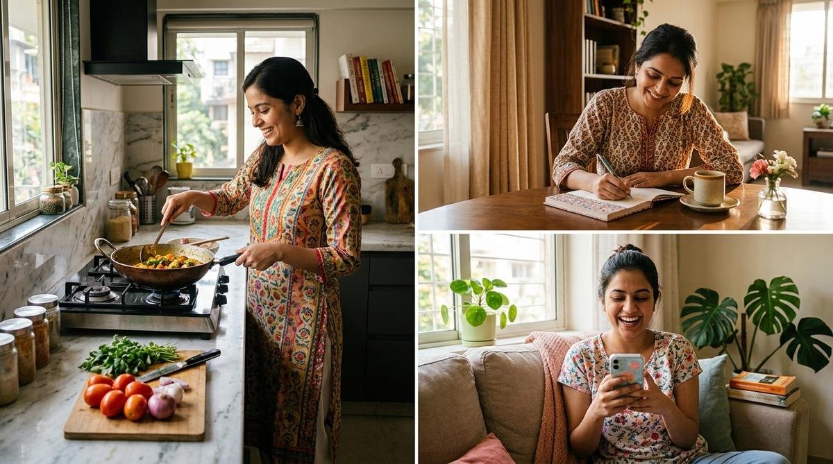 Diverse Indian women cooking, planning and tracking habits